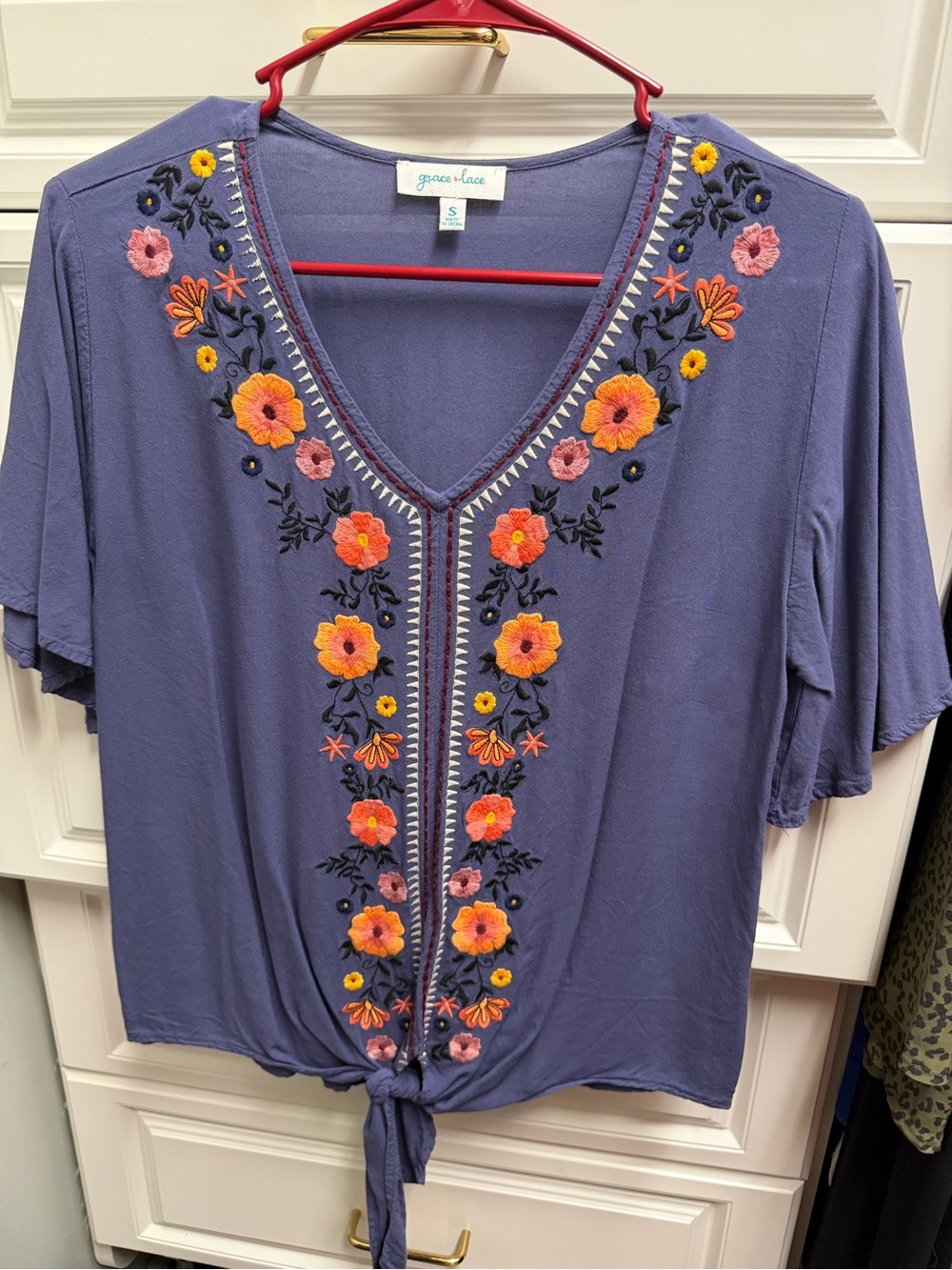 Grace & Lace Lavender Purple Floral Embroidered Tie-Front Tunic